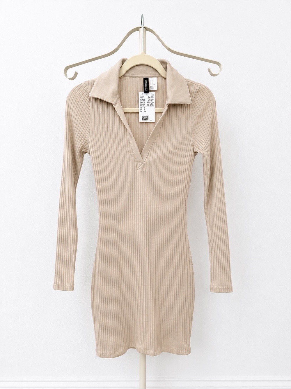 H&M Beige Ribbed Long-Sleeve Polo Dress